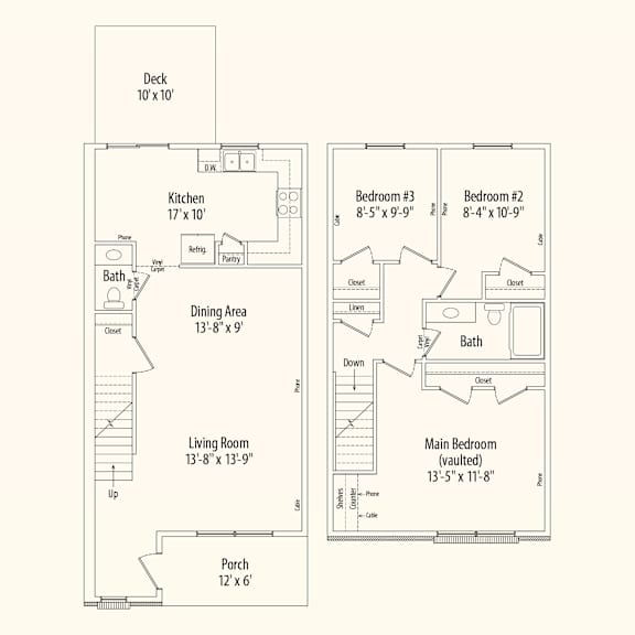A floor plan of a house with a deck, kitchen, dining area, living room, two bathrooms, two bedrooms, and a porch.