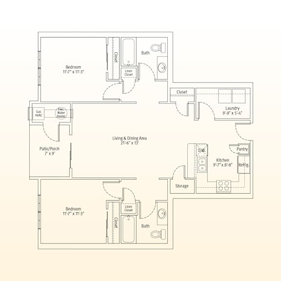 A floor plan of a house with two bedrooms, a living area, a kitchen, a pantry, a laundry room, and storage.