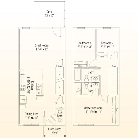 A floor plan of a house with a deck, two bedrooms, a great room, a dining area, a pantry, a kitchen, a front porch, and a master bedroom.