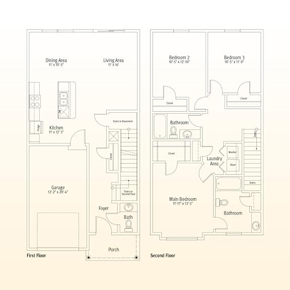 A floor plan of a two-story house with labeled rooms and dimensions.