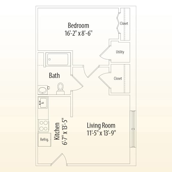 A floor plan of a small apartment with a bedroom, living room, kitchen, and bathroom.