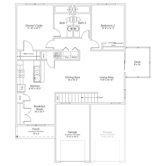 A floor plan of a house with a garage, two bedrooms, a dining area, a living area, a kitchen, a breakfast nook, a porch, and two bathrooms.