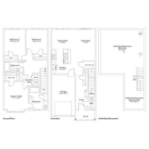 A floor plan of a house with two bedrooms, a bathroom, a kitchen, a dining area, a living area, a garage, a foyer, a porch, and an unfinished basement.