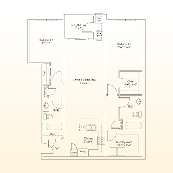 A floor plan of a house with two bedrooms, a living area, a kitchen, a bathroom, a laundry room, and a foyer.
