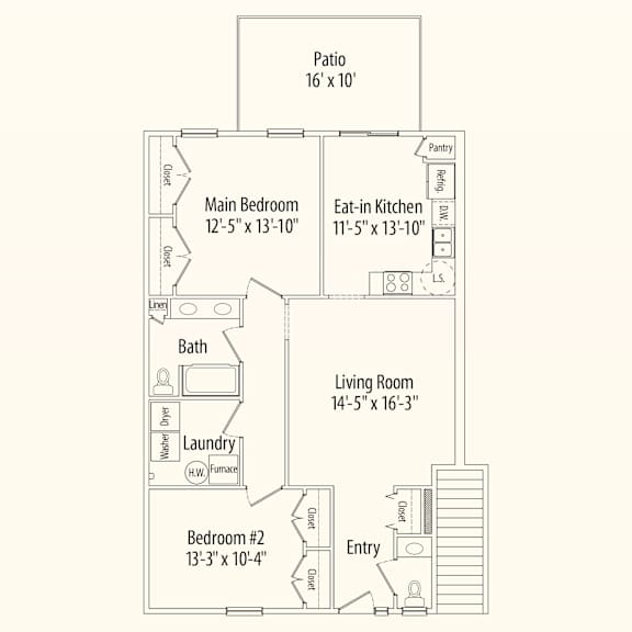 A floor plan of a home with a patio, pantry, two bedrooms, a living room, and an eat-in kitchen.