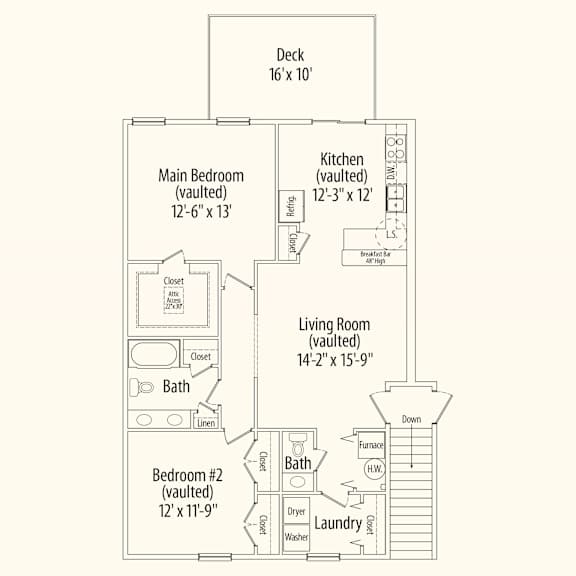A drawing of a house floor plan with a deck, two bedrooms, a living room, a kitchen, and bathroom.