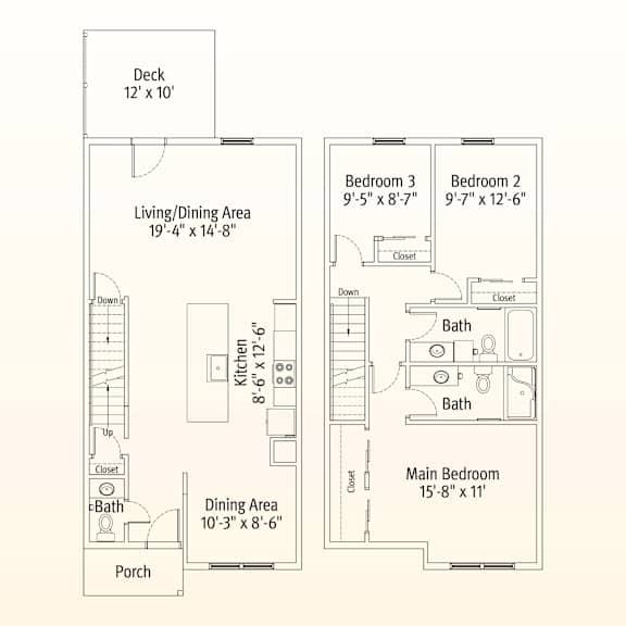 A floor plan of a small apartment with a deck, two bedrooms, a living/dining area, a kitchen, a bathroom, and a porch.