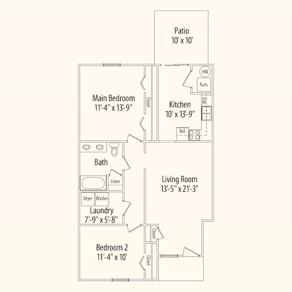 A floor plan of a home with a living room, two bedrooms, a bathroom, laundry, and a kitchen.