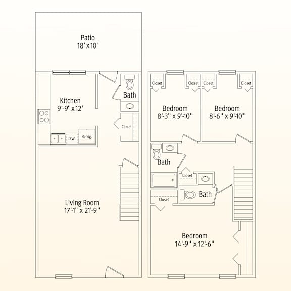 A floor plan of a house with a patio, kitchen, living room, and three bedrooms.