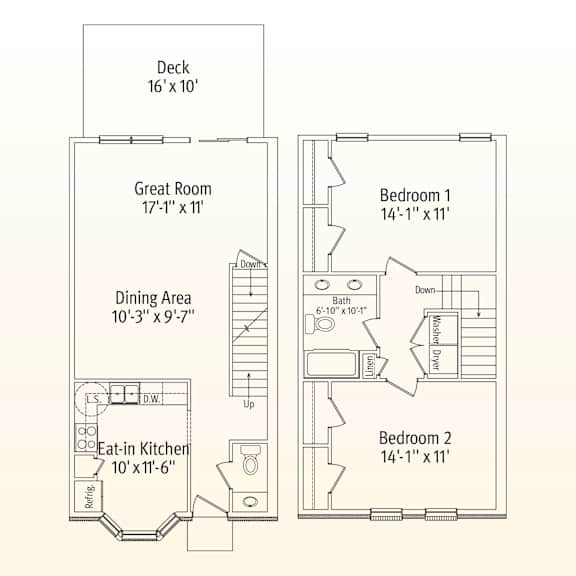 A floor plan of a small apartment with a deck, two bedrooms, a dining area, a great room, and an eat-in kitchen.