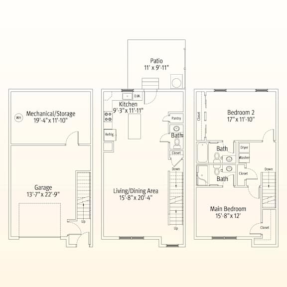 A floor plan of a house with a garage, living area, kitchen, and two bedrooms.