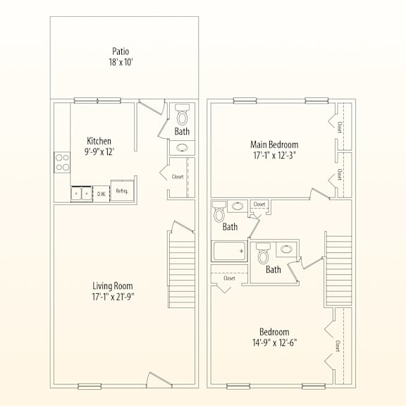 A floor plan of a house with a patio, kitchen, living room, main bedroom, and a bedroom.