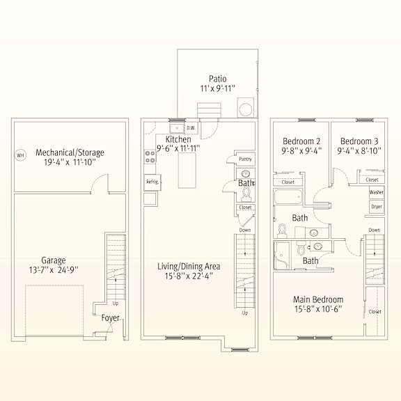 A floor plan of a house with a garage, kitchen, living area, and three bedrooms.