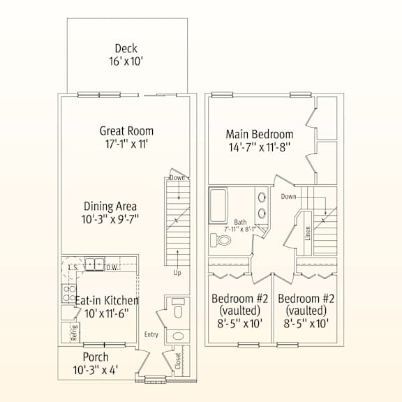 A floor plan of a house with a deck, two bedrooms, a dining area, a great room, and an eat-in kitchen.