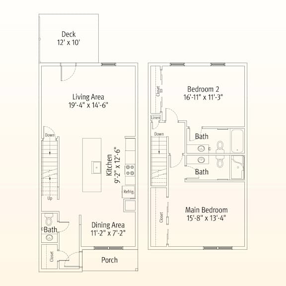 A floor plan of a house with a deck, two bedrooms, a living area, a dining area, a porch, a kitchen, and two bathrooms.