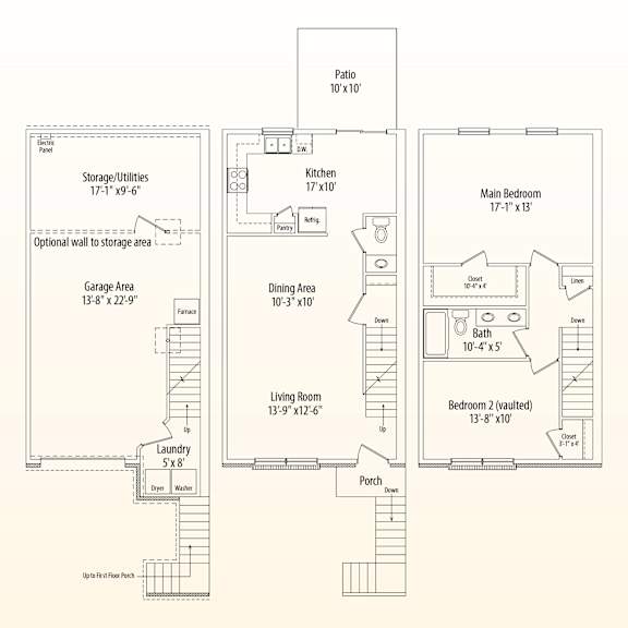 A floor plan of a house with a laundry room, garage, and two bedrooms.