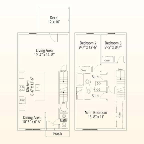 A floor plan of a house with a deck, two bedrooms, a living area, a dining area, a kitchen, a porch, and two bathrooms.