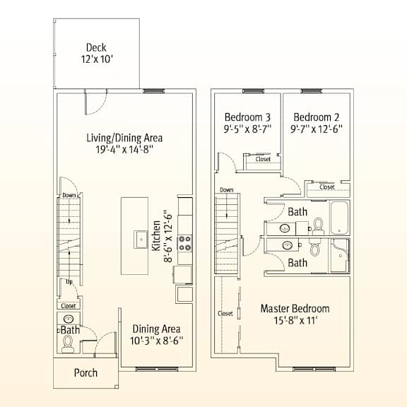 A floor plan of a small apartment with a deck, two bedrooms, a living/dining area, a kitchen, a porch, and a master bedroom.