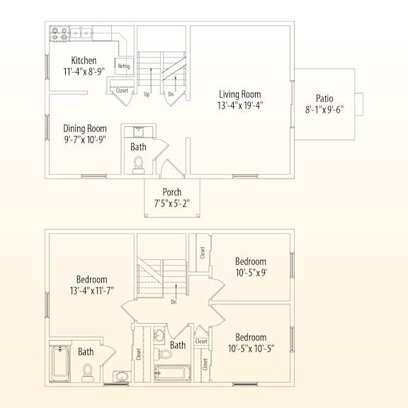 A floor plan of a house with a kitchen, dining room, living room, two bedrooms, a bathroom, and a porch.