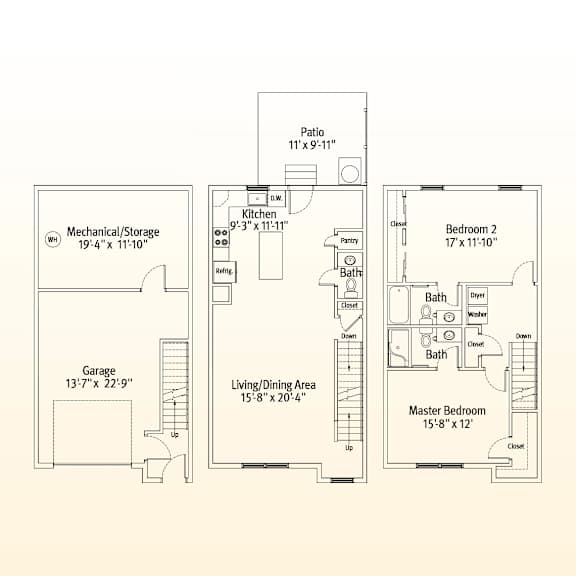 A floor plan of a house with a garage, living area, kitchen, and two bathrooms.