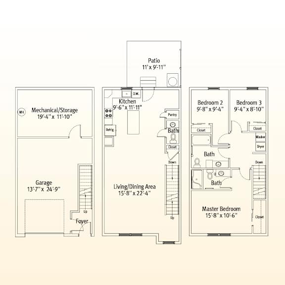 A floor plan of a house with a garage, a living area, a kitchen, a dining area, and three bedrooms.