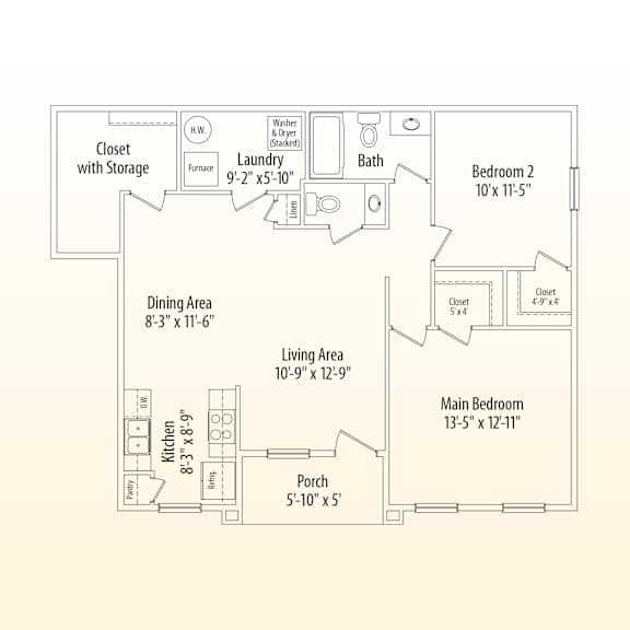 A floor plan of a house with a living area, dining area, kitchen, bathroom, and two bedrooms.