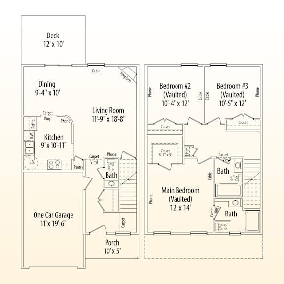 A floor plan of a house with a deck, living room, kitchen, dining area, and three bedrooms.