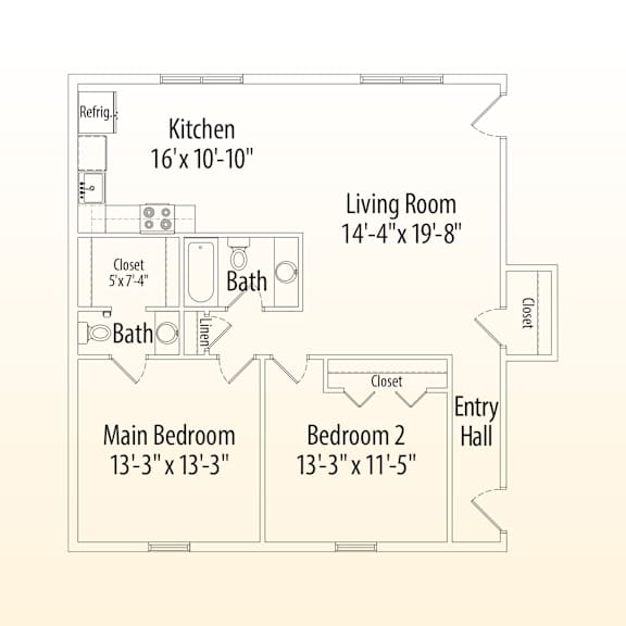 A floor plan of a home with a kitchen, living room, two bathrooms, and two bedrooms.