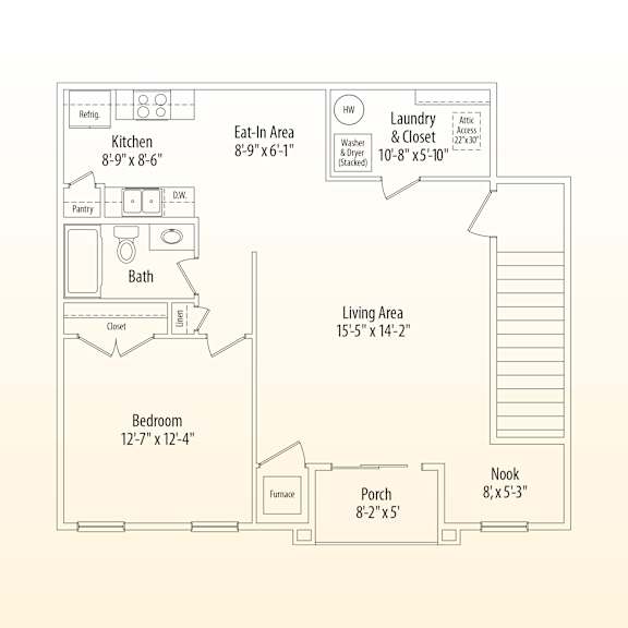 A floor plan of a house with a living area, bedroom, kitchen, and bath.