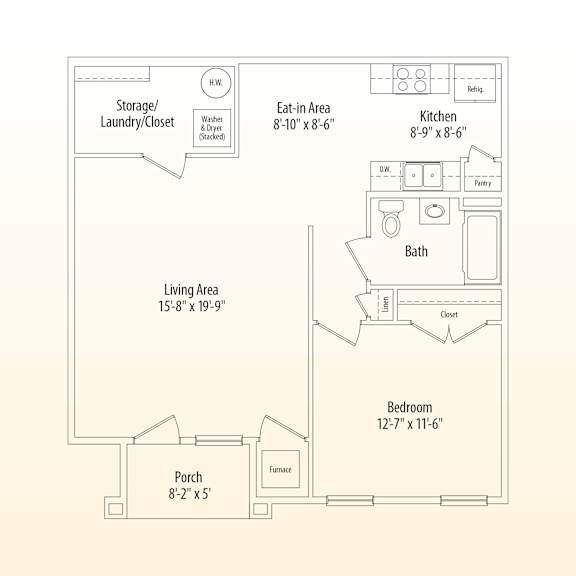 A floor plan of a small apartment with a living area, kitchen, bathroom, and bedroom.