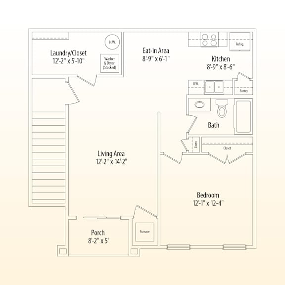 A floor plan of a house with a laundry/closet, eat-in area, kitchen, bath, living area, bedroom, and porch.