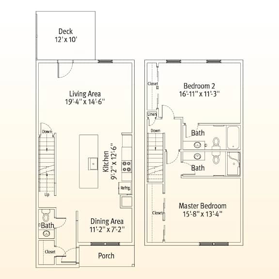 A floor plan shows a deck, two bathrooms, a kitchen, a dining area, a living area, and two bedrooms.