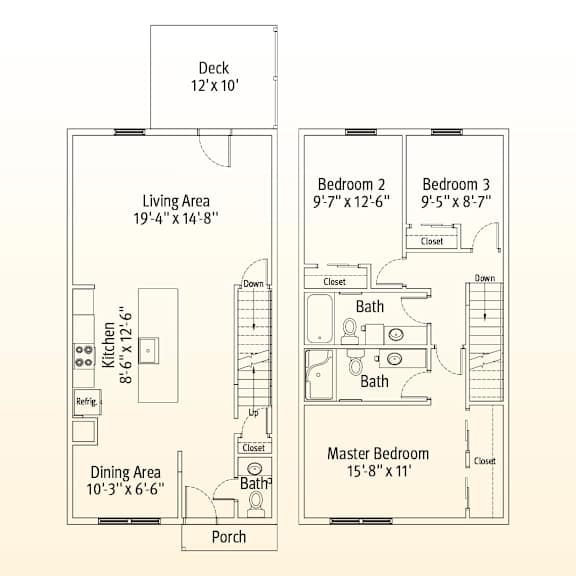 A floor plan of a house with a deck, living area, dining area, kitchen, two bedrooms, two bathrooms, and a porch.
