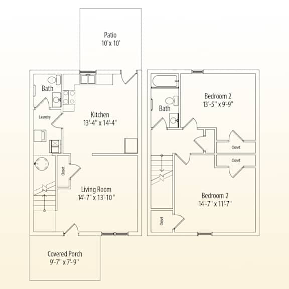 A floor plan of a house with a living room, kitchen, two bedrooms, a bathroom, and a patio.