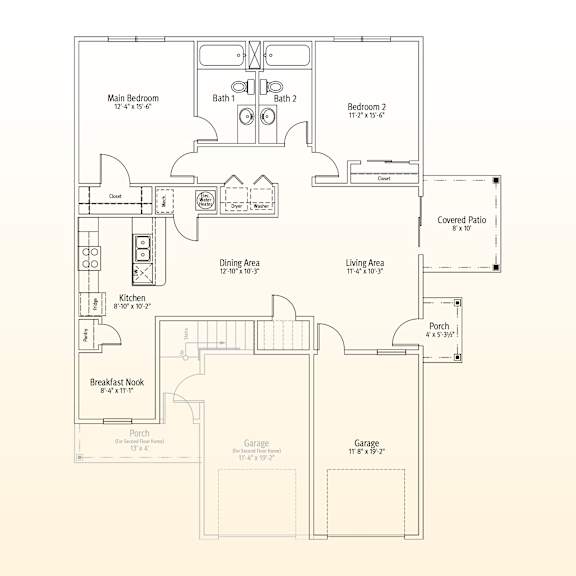 A floor plan of a house with a main bedroom, two bathrooms, a dining area, a kitchen, a breakfast nook, two garages, and a covered patio.