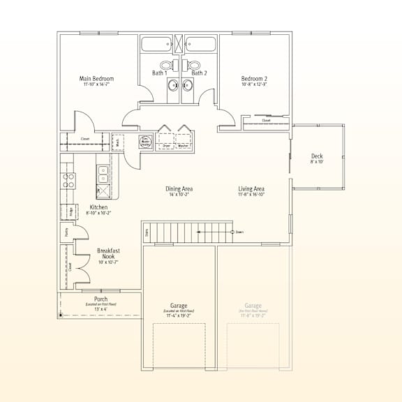 A floor plan of a house with two garages, a deck, and a living area.