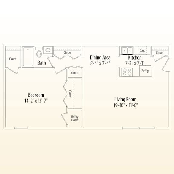 A floor plan of a small apartment with a bedroom, living room, kitchen, and bath.