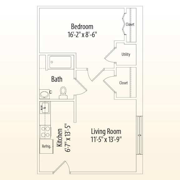 A drawing of a floor plan for a small apartment with a bedroom, living room, and kitchen.