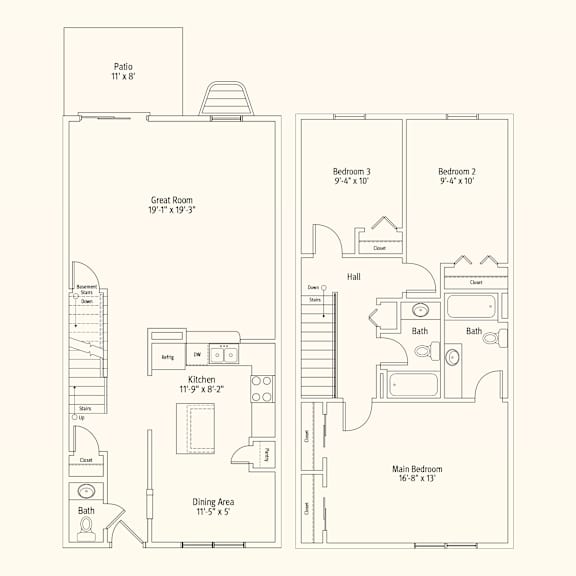 A floor plan of a house with a patio, great room, kitchen, dining area, and three bedrooms.