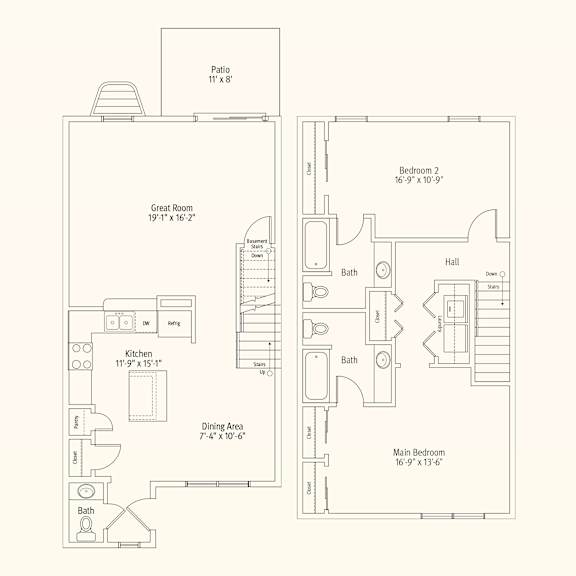 A floor plan of a house with a kitchen, two bathrooms, and two bedrooms.