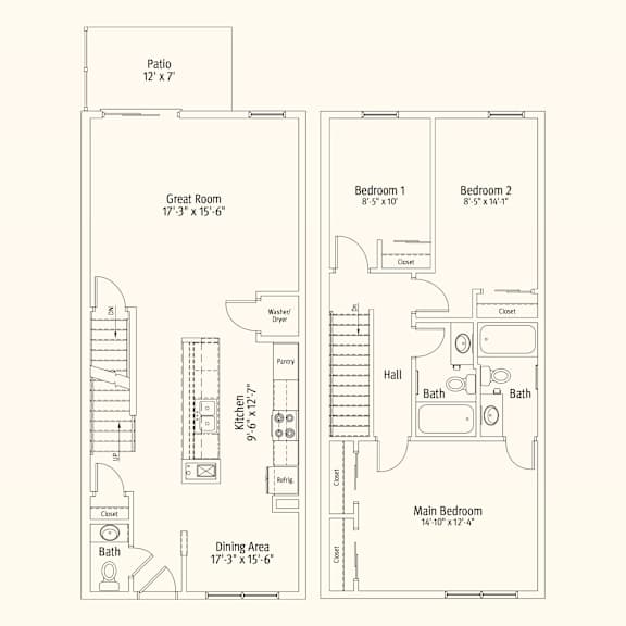 A floor plan of a house with a patio, two bedrooms, a great room, a kitchen, a dining area, and two bathrooms.
