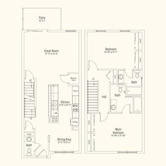 A floor plan of a house with a patio, great room, kitchen, dining area, and three bedrooms.