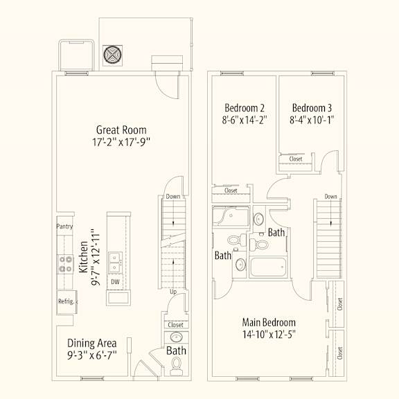 A floor plan of a home with a great room, two bedrooms, a pantry, a kitchen, a dining area, and two bathrooms.