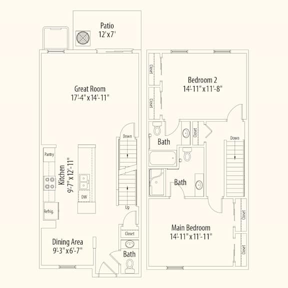 A floor plan of a house with a patio, two bedrooms, a great room, a kitchen, a dining area, and two bathrooms.