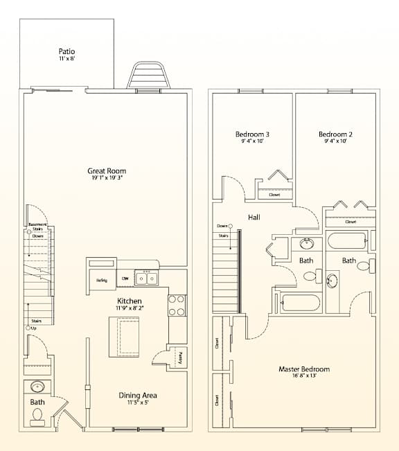 A floor plan of a house with a kitchen, dining area, and multiple bedrooms.