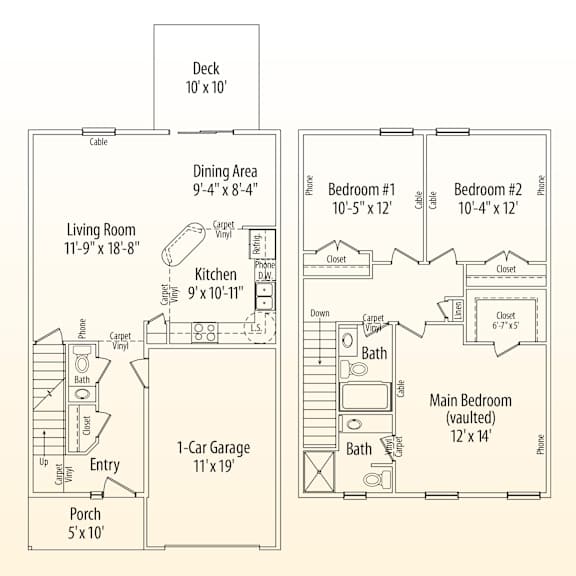 A floor plan of a house with a living room, kitchen, two bedrooms, a dining area, a deck, a 1-car garage, and a porch.