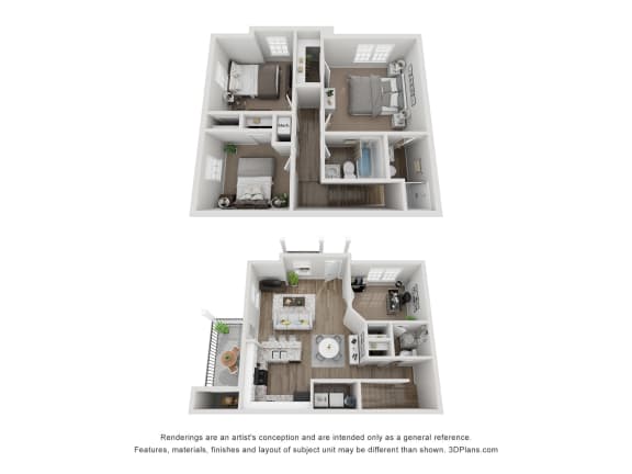 Floor Plan  a 3d floor plan of a 3 bedroom apartment