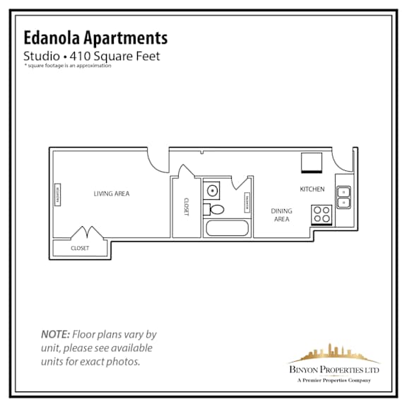 a floor plan of a studio apt with a bathroom, kitchen, and a living area