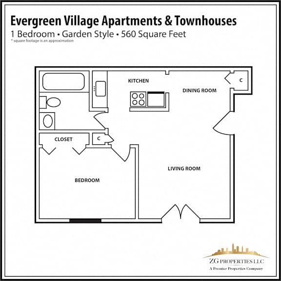 1 Bedroom Garden Style Floor Plan at Evergreen Village Apartments & Townhouses, Ohio, 44035