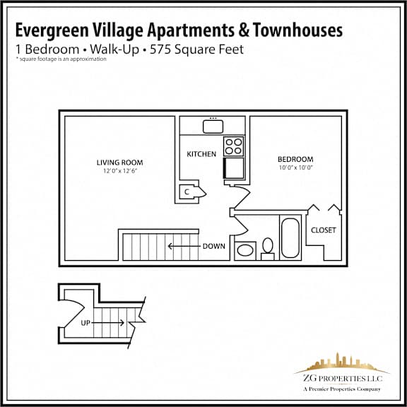 1 Bedroom Walk-Up Floor Plan at Evergreen Village Apartments & Townhouses, Elyria, OH, Ohio